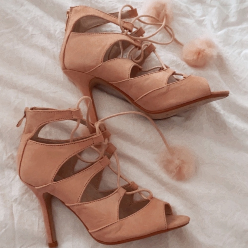 Blush Pink Pom Pom Lace Up Heels